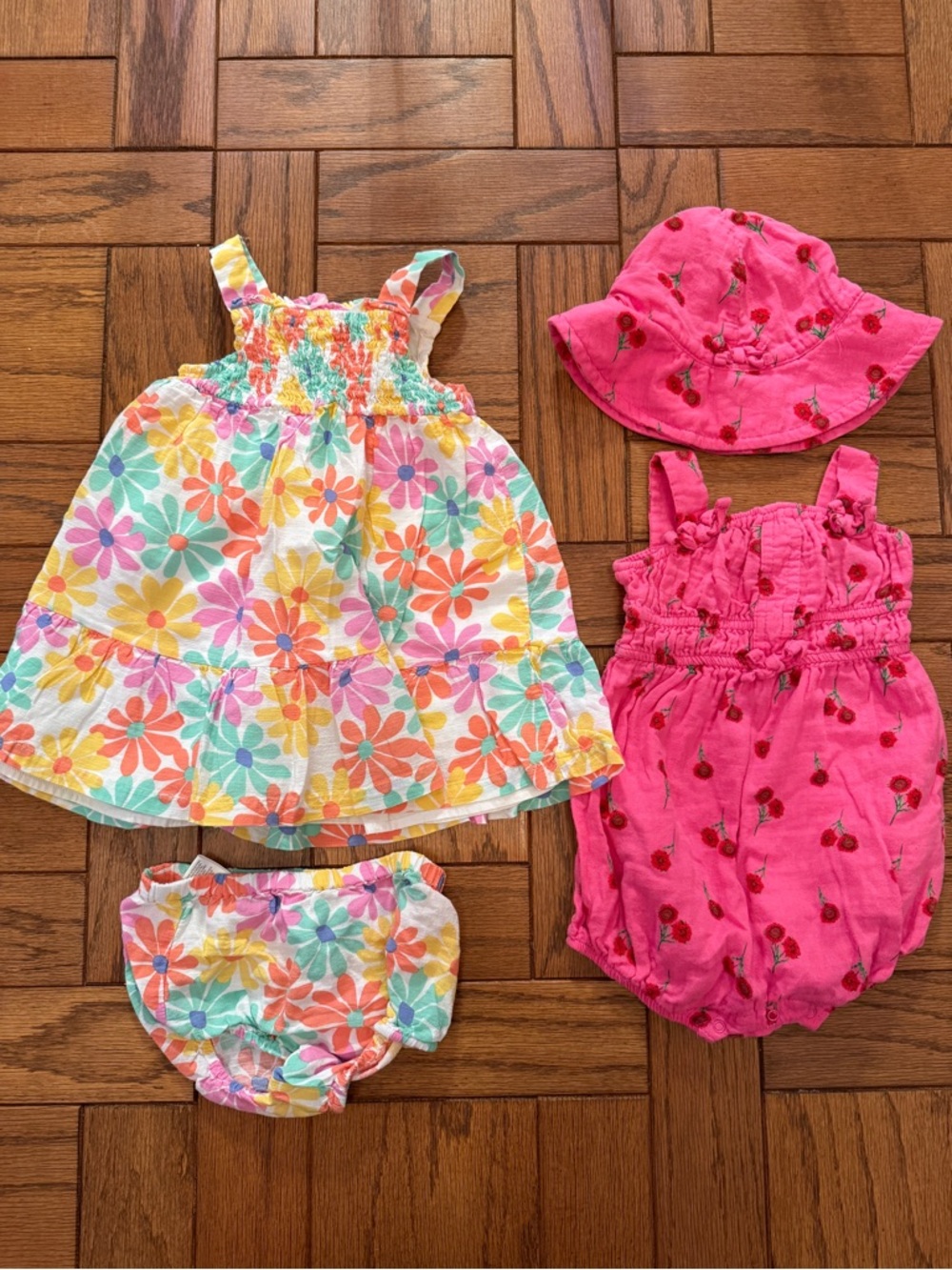 Jessica Simpson Pink Romper w/ Hat and Little Me Floral Dress w/ Bloomers